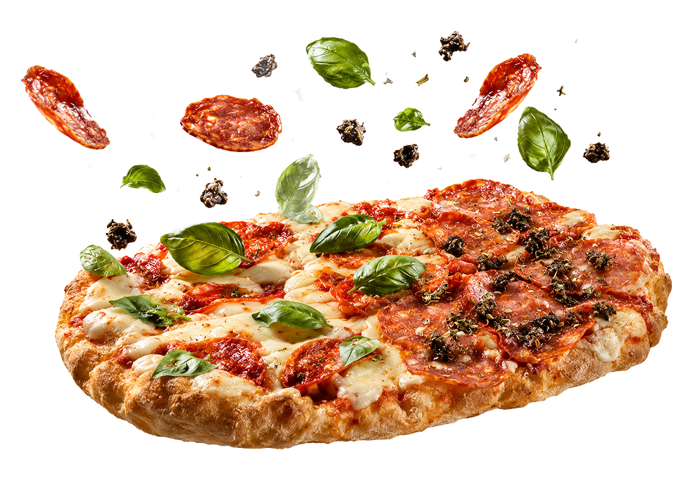 Pinsa de duas metades com salame, trufas, rúcula e ingredientes italianos a flutuar